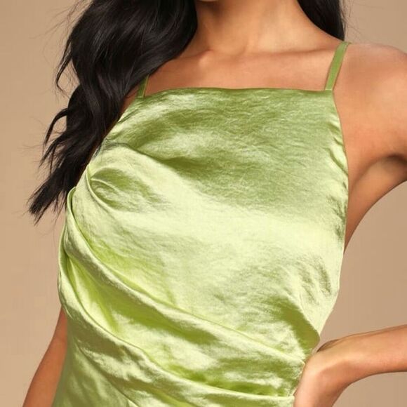 Lulu's Women's XL Captivated by Love Lime Green Satin Ruched Bodycon Mini Dress - Picture 4 of 14